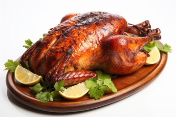 Christmas food, baked turkey on a white background. Preparing for a festive dinner. Merry christmas and happy new year