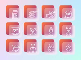Set line Leaf, Wooden staircase, Flower, Colorado beetle, Sprout, in hand, Pack full of seeds and Garden hose icon. Vector