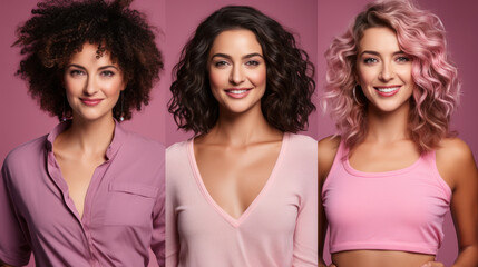 Portrait collage of three beautiful women with curly hair posing over pink background.