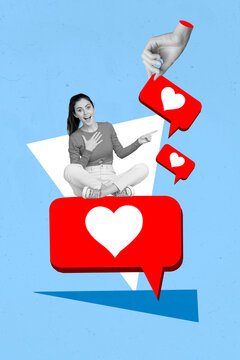 Photo collage artwork minimal picture of smiling excited lady pointing feedback hearts isolated blue color background