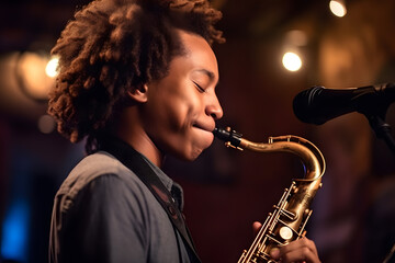 A teenage boy of African American background passionately playing the saxophone in a jazz band, captivating audiences with his musical talent and improvisation. Generative AI - obrazy, fototapety, plakaty