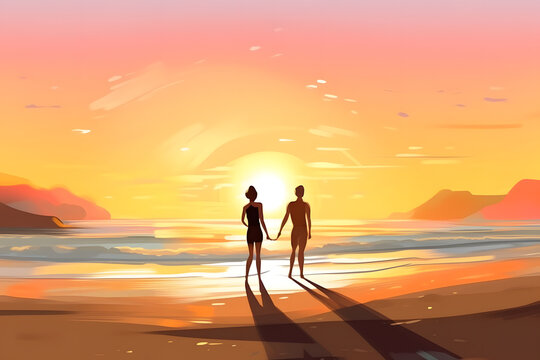 Active couple practicing yoga together on a serene beach. Digital painting. Generative AI