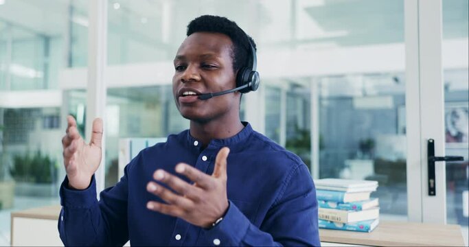 Laptop, call center and black man talking, telemarketing and contact us for support in office. African professional, customer service and sales agent in communication, consulting and crm at help desk