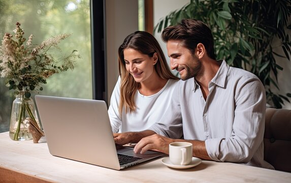 Pleasant family couple sitting looking at laptop screen. Happy young spouse web surfing, making purchases online or booking flight tickets. Created with Generative AI technology.
