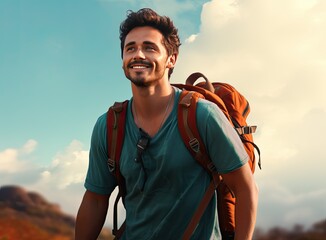 Fototapeta premium A happy smiling man in an orange jacket on the background of forest trees and a road. Created with Generative AI technology.