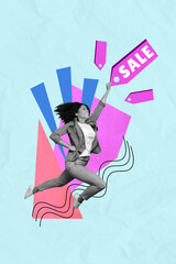 Collage artwork picture of excited funny lady running shopping best prices isolated graphical background