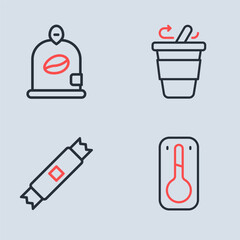 Set line Coffee cup to go, Sugar stick packets, thermometer and Bag coffee beans icon. Vector