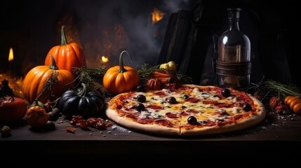 Halloween party pizza funny scary food background. Festive still life on straw in rustic style....