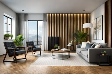 Fototapeta premium Living Room in Open Concept New Luxury Home with View of outside.