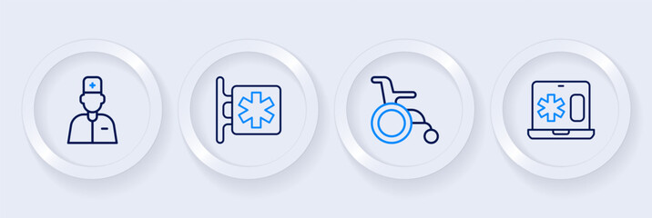 Set line Clinical record on laptop, Wheelchair for disabled person, Emergency - Star of Life and Male doctor icon. Vector