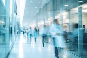 abstract motion blur image of people crowd walking at hospital office building in city downtown, blurred background, business center, medical technology concept, Generative AI