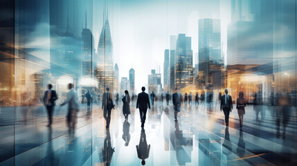 Fototapeta na wymiar Generative AI. abstract motion blur image of business people crowd walking at corporate office in city downtown, blurred background, business center concept