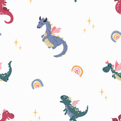 Seamless pattern with cute hand drawn dragons. Design for fabric, textile, wallpaper, packaging.	