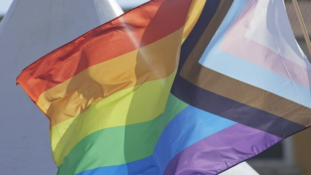 LGBT progress pride flag waving in the wind