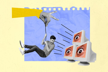 Photo artwork collage graphic illustration of young scared guy hanging rope espionage computer display eyes spy isolated on blue background