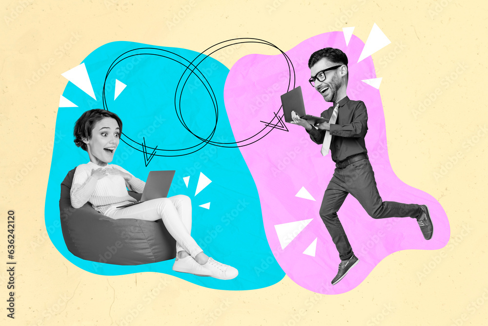 Poster photo collage artwork of funky funny workers chatting devices message clouds empty space isolated gr