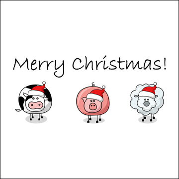 Merry Christmas greeting card with farm animals cow, pig and sheep wearing red Santa hat on white background. Cartoon vector illustration.