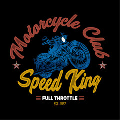Vintage tee print design with a custom motorcycle, typography, and illustrations.