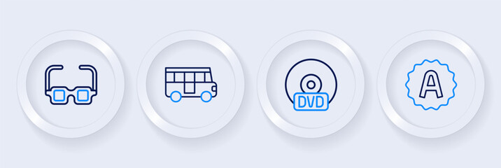 Set line Exam sheet with A plus grade, CD or DVD disk, School Bus and Glasses icon. Vector