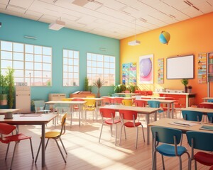 Fototapeta na wymiar Beautiful school classroom with colorful colors and natural light. Happy and positive atmosphere. Minimal creative idea.