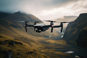 The drone flies over the mountains. Drone in the sky. - Powered by Adobe