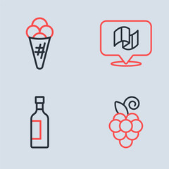 Set line Flag Italy, Bottle of wine, Grape fruit and Ice cream waffle icon. Vector