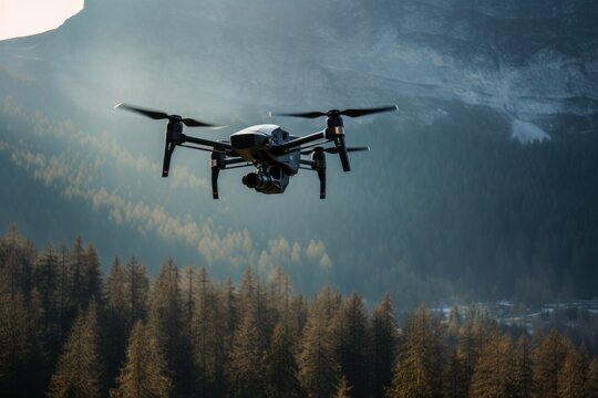 Drone with camera flying with a forest in the background