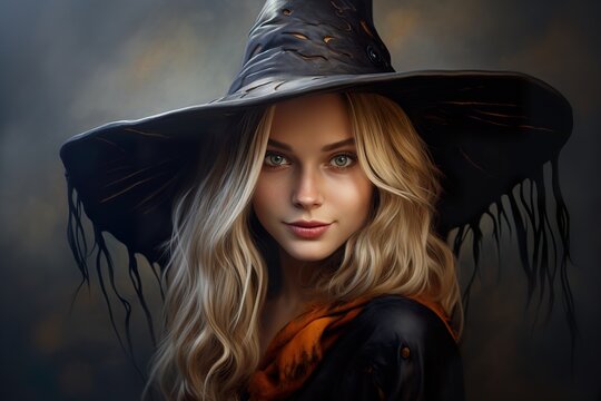 Beautiful witch portrait. Close uo view. Happy Halloween. Young, mystical woman. Trick or treat. Generative AI.