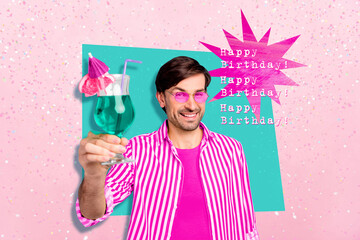 Creative template collage artwork of funny gentleman macho summertime party happy birthday atmosphere clink isolated on pink background