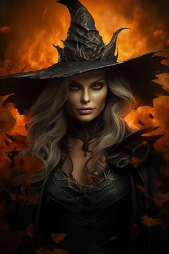 Beautiful witch portrait. Close uo view. Happy Halloween. Young, mystical woman. Trick or treat. Vertical picture. Generative AI.