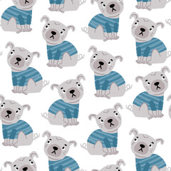 Vector seamless pattern with cute pugs wearing blue tshirt. Perfect for childrens pattern for boys. Simple cute pug puppy pattern in hand drawn style. Vector illustration - 636244119