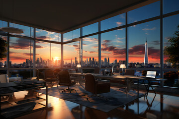 sunset on city view from empty room or office 