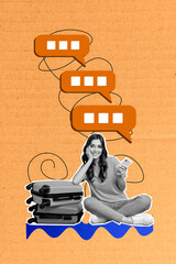 Artwork magazine collage picture of smiling happy lady ordering airport taxi modern gadget isolated...