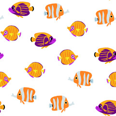 Vector seamless pattern with beautiful exotic fish, coral reafs fish collection. Exotic tropical pattern on white background. Hawaii resort print with colorful fish. Vector illustration
