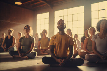Group of people meditating in a yoga session - obrazy, fototapety, plakaty