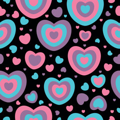 Heart doodles seamless pattern. Pink, blue and lilac hearts. Hand drawn hearts texture.
