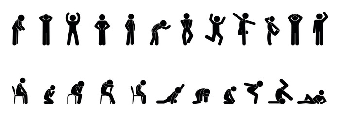 stick figure man icon, people stand, walk, sit, dance, set of human isolated silhouettes