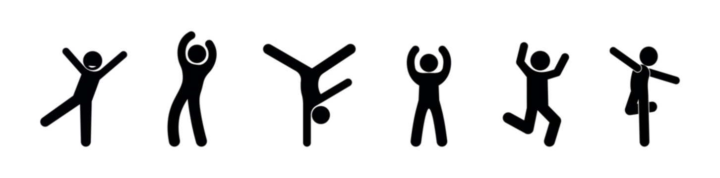 cheerful people, poses of joy, stick figure man icon, delight and happiness, strong emotions