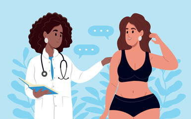 Doctor's consultation for an overweight woman. African American female doctor explains how to lose weight to an obese patient by choosing good healthy foods, fat control instruction, calorie control.