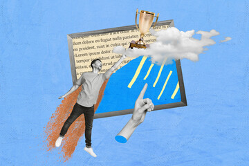 Sketch surreal collage retro artwork of happy successful guy win sports contest hold cup award certificate isolated on blue sky background