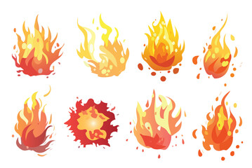 Set of fire in the flat cartoon design. A vibrant set design and illustration capturing the mesmerizing beauty of fiery flames. Vector illustration.