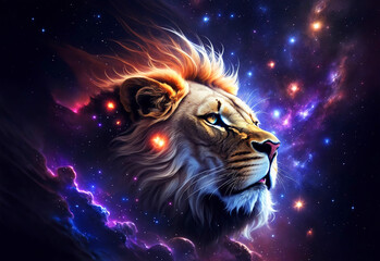 Illustration of a Lion King Head in Space Nebula with Glowing Background. Esoteric Horoscope and Fortune Telling Concept Design for Poster, Banner, Invitation, Greeting Card or Cover. Ai Generated.