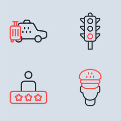 Set line Traffic light, Taxi service rating, driver and car icon. Vector