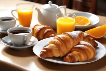 breakfast with croissant and coffee and orange juice