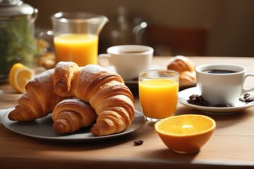 breakfast with croissant and coffee and orange juice - Powered by Adobe