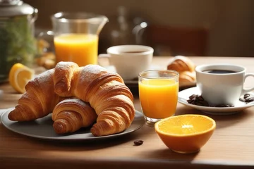 Foto op Plexiglas breakfast with croissant and coffee and orange juice © drimerz
