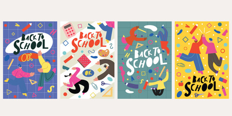 Fototapeta na wymiar Set of school posters in the cartoon design. A set of vibrant and informative school posters with eye-catching designs and illustrations. Vector illustration.