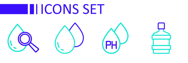 Set line Big bottle with clean water, Water drop, and Drop and magnifying glass icon. Vector