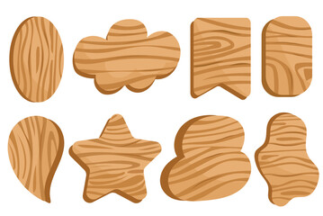 Wooden set in the flat cartoon design. A beautifully created set of wooden boards of various shapes with an intricate pattern. Vector illustration.