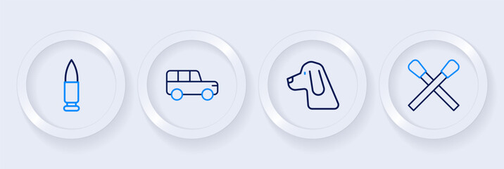 Set line Burning match with fire, Hunting dog, Safari car and Bullet icon. Vector